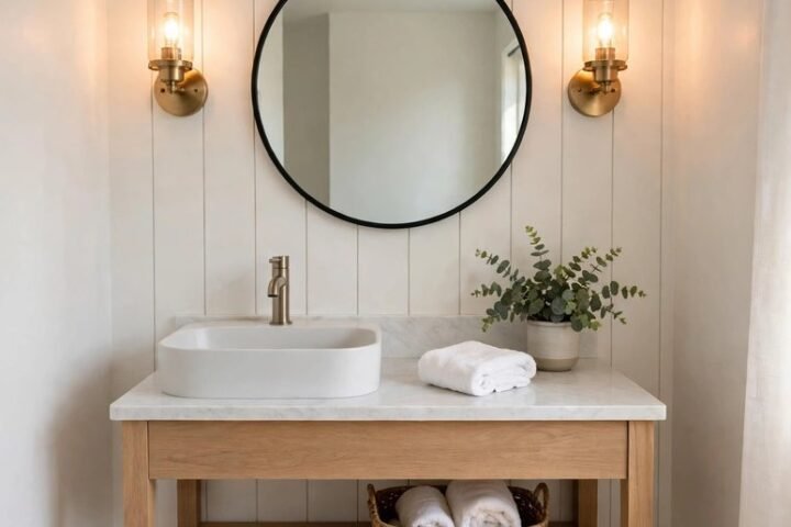 Small bathroom vanity with warm sconce lights mounted on both sides of a round mirror
