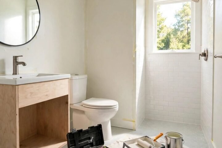 Small bathroom after a budget DIY renovation with fresh white paint, new brushed nickel faucet, round mirror, and peel-and-stick floor tile