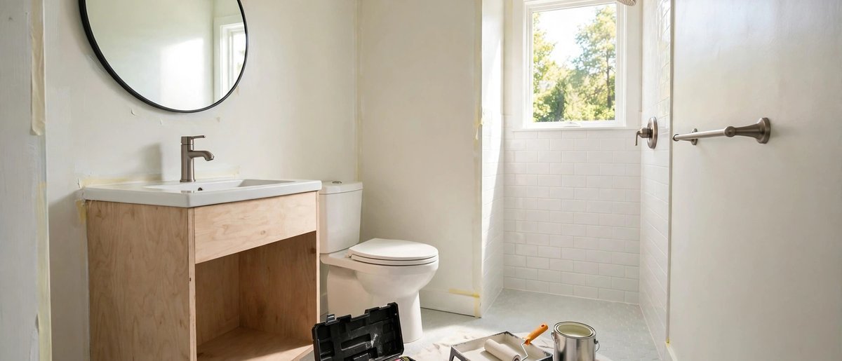 Small bathroom after a budget DIY renovation with fresh white paint, new brushed nickel faucet, round mirror, and peel-and-stick floor tile
