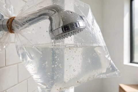 Plastic bag filled with vinegar solution tied over a chrome shower head in a bright bathroom