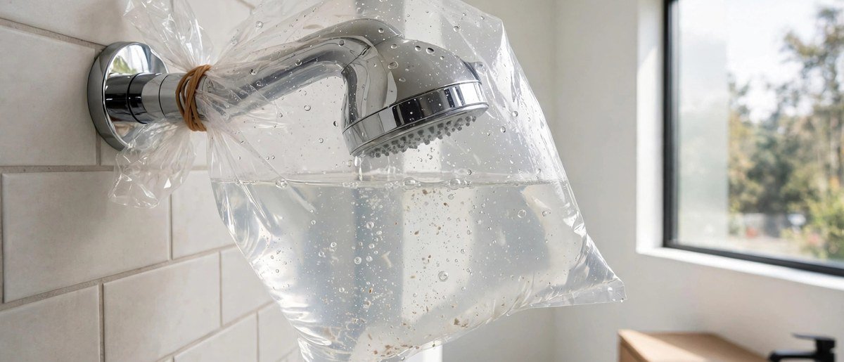Plastic bag filled with vinegar solution tied over a chrome shower head in a bright bathroom