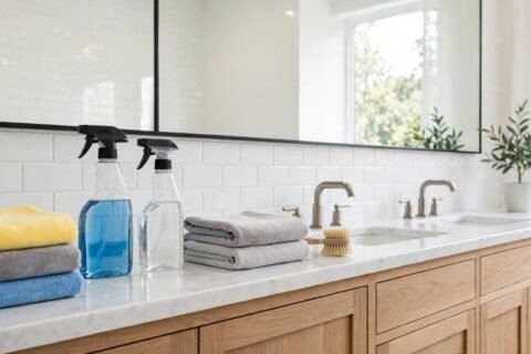 Spotless deep-cleaned bathroom with scrubbed tile, a clean mirror, and folded towels on the vanity