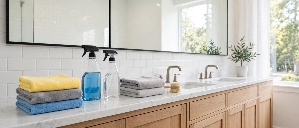 Spotless deep-cleaned bathroom with scrubbed tile, a clean mirror, and folded towels on the vanity