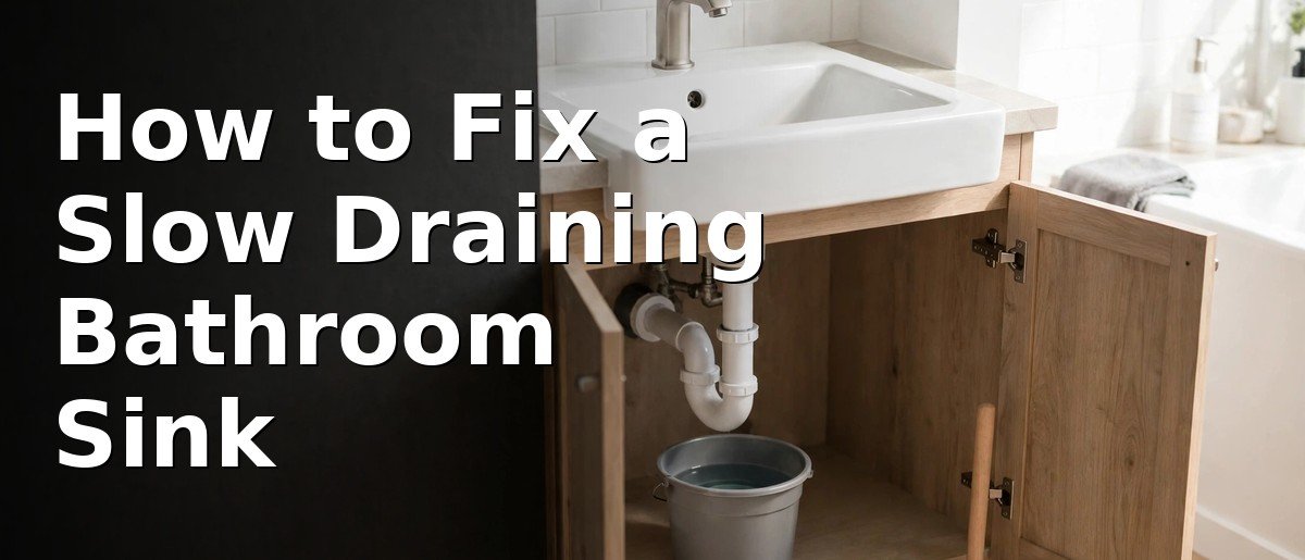 A person cleaning a slow draining bathroom sink, with the basin stopper removed and a bucket placed under the open bottle trap