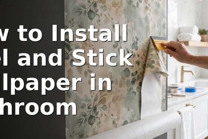 Person applying peel and stick wallpaper in a bathroom, smoothing a strip onto the wall