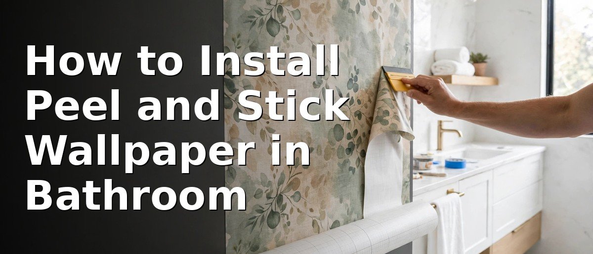 Person applying peel and stick wallpaper in a bathroom, smoothing a strip onto the wall