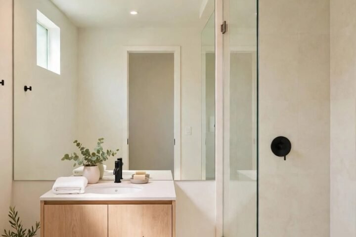 Bright small bathroom with a large wall mirror, light-colored walls, and a clear shower curtain that makes the space feel bigger