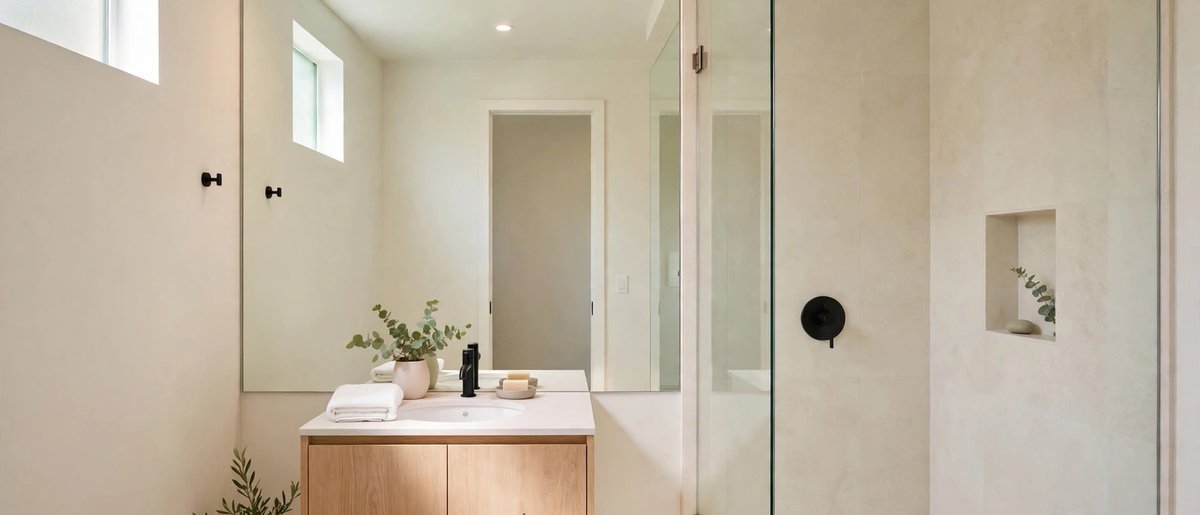 Bright small bathroom with a large wall mirror, light-colored walls, and a clear shower curtain that makes the space feel bigger