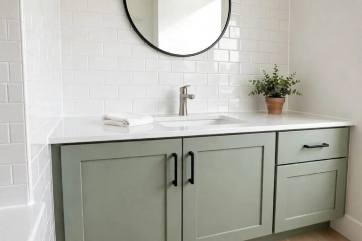Small bathroom with refinished glossy white tile, repainted vanity with new hardware, and brushed-nickel fixtures after a budget refresh without tile replacement