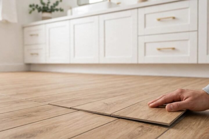 Close-up of peel and stick vinyl tiles being pressed onto a bathroom floor during a DIY refresh