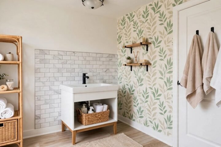 Bright rental bathroom with peel-and-stick patterned floor tile, removable botanical wallpaper on the vanity wall, new showerhead, and freestanding wooden shelf — no permanent changes