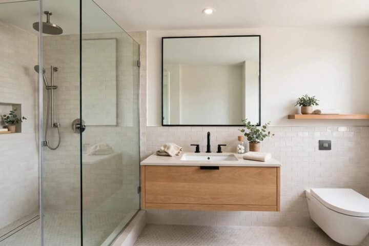 Small bathroom with a curbless walk-in shower, fixed glass panel, floating vanity, and light tile making the room feel larger